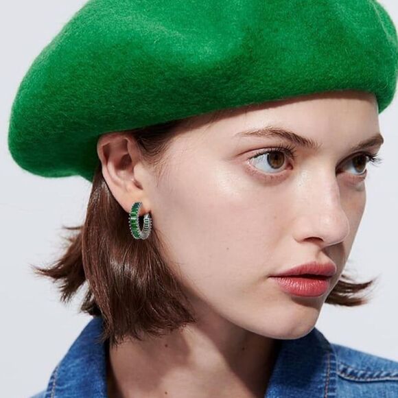 14K White Gold with Emerald Green Cubic Zirconia Drop Hoop Leverback Earrings main image 4